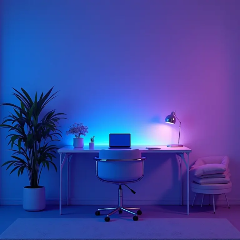 Ein minimalistisches Home-Office-Setup, das perfekt für die Gründung von zu Hause ist: Schreibtisch, Laptop, Lampe, Topfpflanzen und ein Stuhl, der in sanftes blaues und lila Licht getaucht ist, mit einem Stapel Kissen auf einem kleinen Hocker neben dem Schreibtisch.
