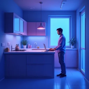 Ein Mann steht an einem Küchentisch und arbeitet mit einem Laptop in einer modernen, sanft beleuchteten Küche mit blauen und violetten Farbtönen - ein ideales Ambiente für die Gründung von zu Hause. Pflanzen, Schränke und große Fenster vervollständigen den stilvollen Arbeitsbereich.