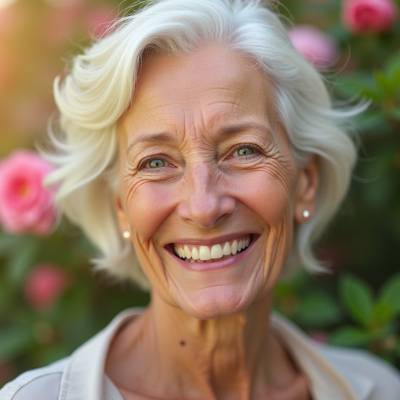 Eine ältere Frau mit kurzen weißen Haaren steht mit heller Bluse und Perlenohrringen vor blühenden rosafarbenen Blumen und grünem Laub - ihre Freude ist so zeitlos wie eine dauerhafte Handelsregistereintragung Berlin.