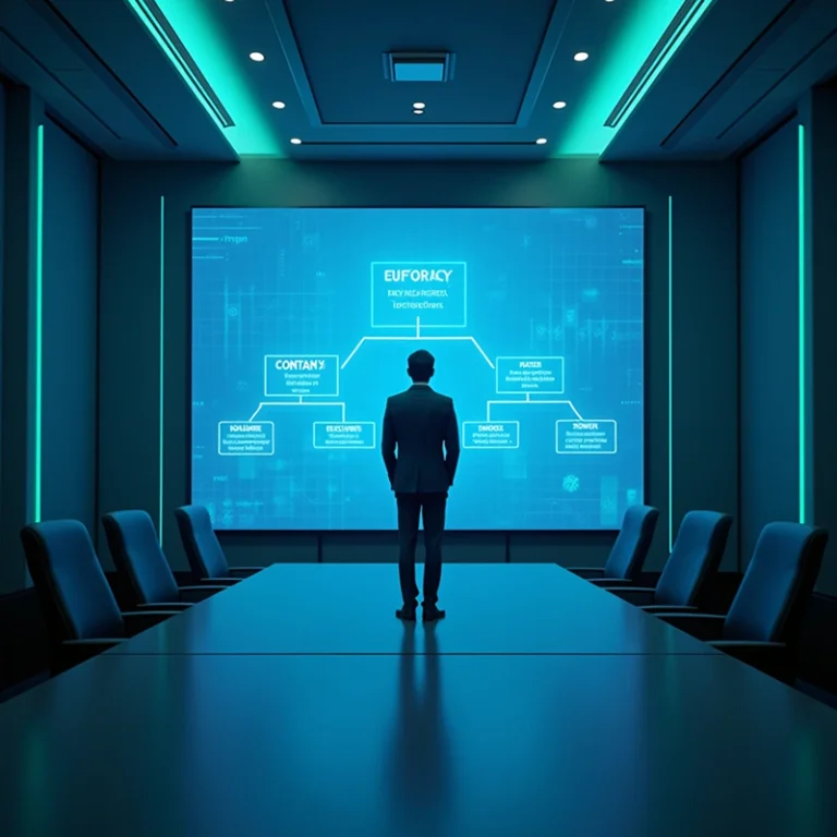 Eine Person im Anzug steht in einem modernen, schwach beleuchteten Konferenzraum und blickt auf einen großen digitalen Bildschirm, auf dem ein Flussdiagramm mit "Euforcy" in der Mitte angezeigt wird, umgeben von zusammenhängenden Begriffen wie Transparenzregister.