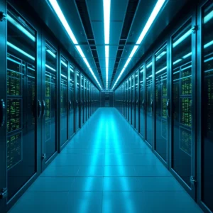 Ein hell erleuchteter Flur in einem modernen Rechenzentrum, gesäumt von gläsernen Serverschränken mit beleuchteten Computergeräten und grünen LED-Leuchten, die die Effizienz und Offenheit eines Transparenzregisters widerspiegeln, spiegelte sich auf dem glänzenden Boden.