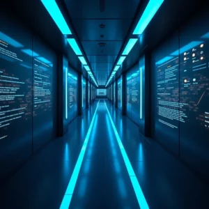 Ein futuristischer, von blauem Neonlicht beleuchteter Flur mit digitalen Bildschirmen an beiden Wänden, auf denen Daten, Grafiken und Texte über die Haftung nach der Gründung GmbH UG angezeigt werden, schafft eine Hightech- und Cyberatmosphäre.