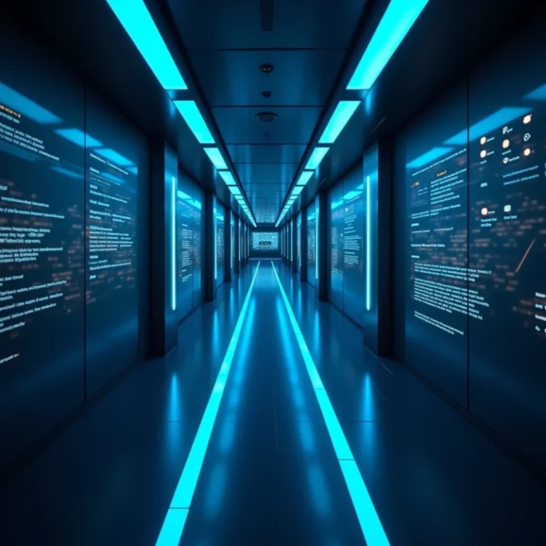 Ein futuristischer, von blauem Neonlicht beleuchteter Flur mit digitalen Bildschirmen an beiden Wänden, auf denen Daten, Grafiken und Texte über die Haftung nach der Gründung GmbH UG angezeigt werden, schafft eine Hightech- und Cyberatmosphäre.