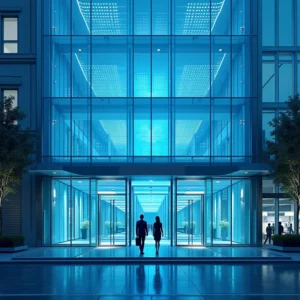 Zwei Personen gehen auf den Eingang eines modernen Glasgebäudes zu, das mit hellen blauen Lichtern beleuchtet ist - vielleicht befindet sich dort ein Büro der Gesellschafterliste GmbH - und dessen Spiegelungen auf dem nassen Boden schimmern, eingerahmt von Bäumen auf beiden Seiten des Eingangs.