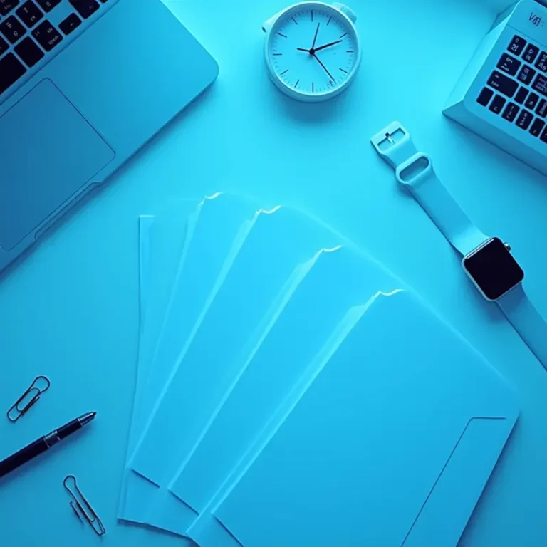 Ein blau getönter Arbeitsbereich mit Laptop, Uhr, Taschenrechner, Smartwatch, Stift, Büroklammern und mehreren durchsichtigen Ordnern - perfekt, um Dokumente wie die Gesellschafterliste GmbH zu organisieren - ordentlich auf einem Schreibtisch angeordnet.