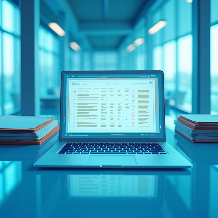 Auf einem Glastisch in einem modernen Büro mit großen Fenstern steht ein Laptop, auf dem ein digitales Register der Gesellschafterwechsel GmbH mit Checklisten zu sehen ist. Zu beiden Seiten des Laptops sind Stapel von Akten zum Thema Anteilsverkauf angeordnet.