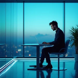 Ein Mann arbeitet an einem Laptop an einem modernen Büroschreibtisch, vor großen Fenstern mit einer Stadtsilhouette in der Abenddämmerung. Er denkt über Gesellschafterwechsel und GmbH-Anteilsverkauf nach, während blaues Licht eine ruhige Atmosphäre schafft.