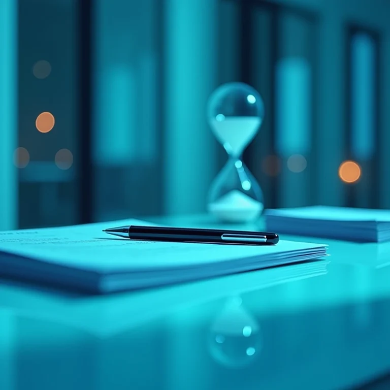 Ein Stift liegt auf gestapelten Dokumenten auf einer glänzenden Oberfläche, mit einer Sanduhr und verschwommenen Lichtern im Hintergrund, alles in einen kühlen Blauton getaucht.