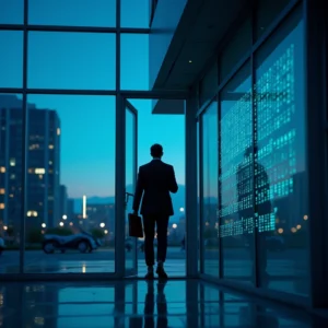 Eine Person in Geschäftskleidung, die die Gründung mit juristischen Personen als Gesellschafter symbolisiert, geht mit einer Aktentasche in der Hand aus einem modernen Glasgebäude in der Abenddämmerung, in dem sich die Lichter der Stadt und die Spiegelungen in den Fenstern spiegeln.