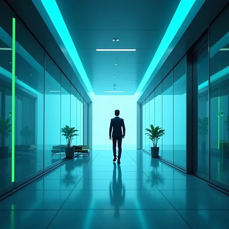 Eine Person im Anzug geht einen modernen, hell erleuchteten Flur in Berlin entlang. Glaswände und blaues Neonlicht schaffen eine futuristische Atmosphäre - perfekt, um sich in Themen wie Gewerbeanmeldung Berlin zurechtzufinden.