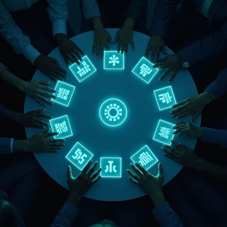Eine Gruppe von Menschen sitzt um einen kreisförmigen Tisch, jeder legt eine Hand in die Nähe eines leuchtenden, blauen digitalen Symbols, das auf der Tischplatte angezeigt wird und den futuristischen und kollaborativen Geist von Stammkapital einzahlen für GmbH oder UG evoziert.