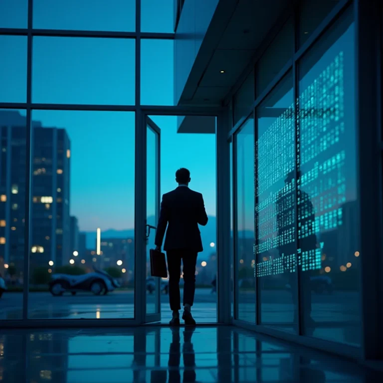 Eine Person in Geschäftskleidung mit einer Aktentasche verlässt ein modernes Bürogebäude in der Abenddämmerung, die Lichter der Stadt funkeln hinter hohen Glasfenstern - und fangen den dynamischen Geist der handelndenhaftung GmbH in Gründung ein.