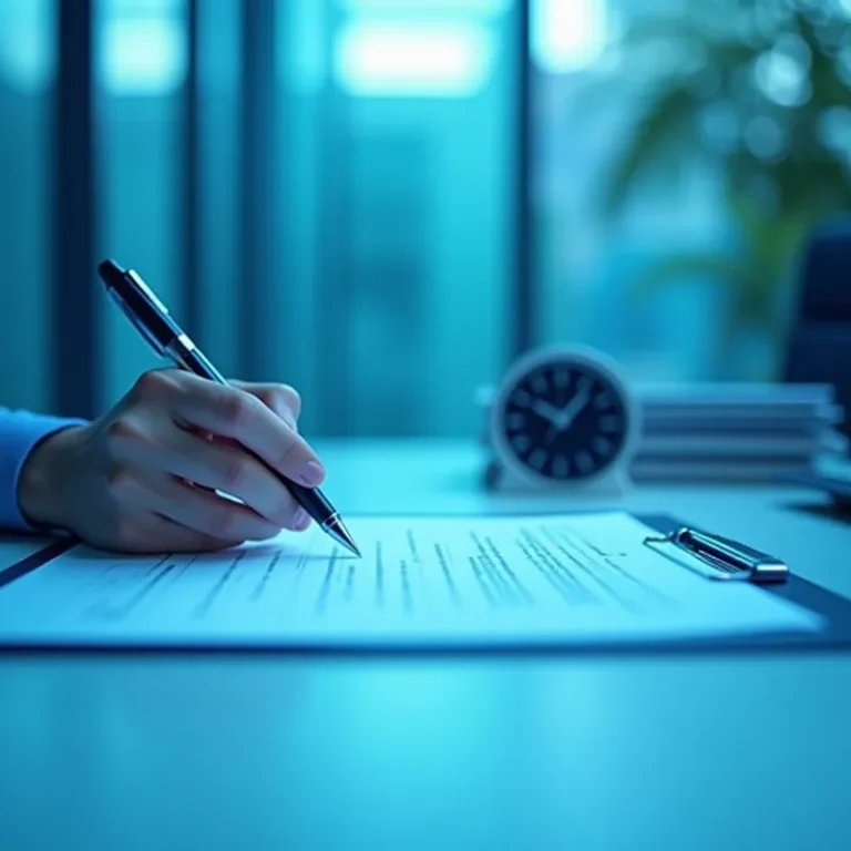 Eine Person schreibt mit einem Stift auf einem Schreibtisch neben einem Klemmbrett und einer Uhr in einer hell erleuchteten Büroumgebung an einem Dokument - vielleicht bearbeitet sie Dokumente für die handelndenhaftung GmbH in Gründung.