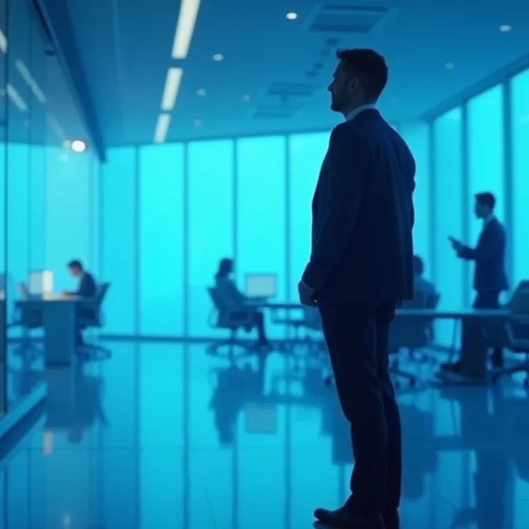 Ein Mann im Anzug steht in einem modernen, blau beleuchteten Büro mit Glaswänden, während Fachleute Aufgaben wie die Handelsregisteranmeldung GmbH Berlin erledigen, während andere an Schreibtischen arbeiten und eine Person im Hintergrund telefoniert.