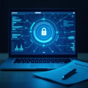 Ein Laptop zeigt ein leuchtendes digitales Vorhängeschloss-Symbol, das für Cybersicherheit steht. Davor weist ein Anmeldeformular auf den sicheren Datenschutz hin - ideal für Verfahren wie die Handelsregisteranmeldung GmbH Berlin.