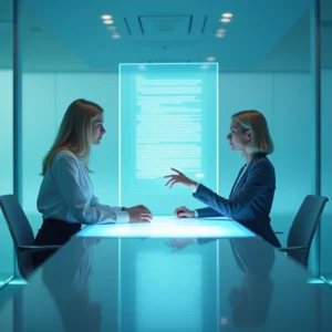 Zwei Frauen sitzen sich an einem leuchtenden Tisch in einem modernen, blau beleuchteten Büro gegenüber und diskutieren über Kettengründung. Zwischen ihnen ist ein großer transparenter Bildschirm mit Text eingeblendet.