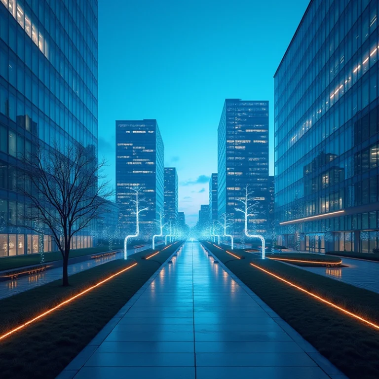 Eine futuristische Stadtlandschaft in der Abenddämmerung mit hohen Glasgebäuden, beleuchteten baumförmigen Lichtern, die einen breiten Gehweg säumen, und leuchtenden orangefarbenen Linien entlang des Weges unter einem blauen Himmel - ein Wunderwerk der Stadtgestaltung, das durch innovative Kettengründungen unterstützt wird.