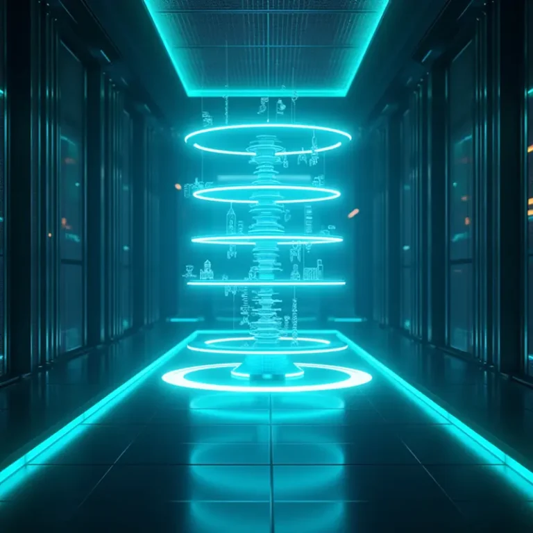 Ein futuristischer Flur mit leuchtenden blauen Lichtern und schwebenden holografischen Ringen und Symbolen bildet ein digitales Sci-Fi-Display in der Mitte, das an die hochmoderne Innovation einer Geschäftskonto GmbH UG erinnert. Die Szene ist symmetrisch und glatt, mit spiegelnden schwarzen Böden.