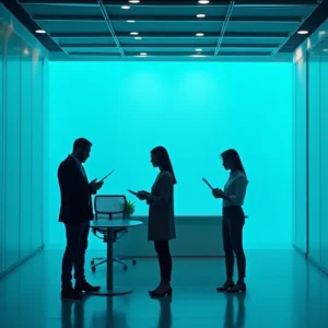 Silhouette von drei Personen, die in einem modernen Büro mit einer hellblau beleuchteten Wand stehen und Details der Geschäftskonto GmbH UG besprechen, während sie Tablets oder Papiere halten und sich in der Nähe eines Tisches und eines Stuhls gegenüberstehen.