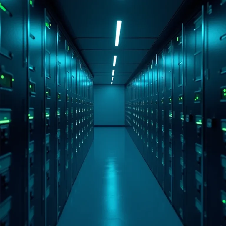 Ein hell erleuchteter Flur in einem Rechenzentrum mit Reihen von schwarzen Serverschränken, die von blauen und grünen Kontrollleuchten angestrahlt werden, erinnert an die Präzision, die für Prozesse wie die Anmeldung beim Finanzamt nach Gründung in einer modernen High-Tech-Atmosphäre erforderlich ist.