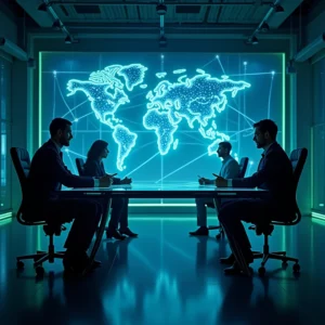 Vier Geschäftsleute sitzen um einen Konferenztisch in einem modernen Büro, hinter ihnen eine leuchtende digitale Weltkarte, und diskutieren über globale Strategien und Themen wie Anmeldung beim Finanzamt nach Gründung.