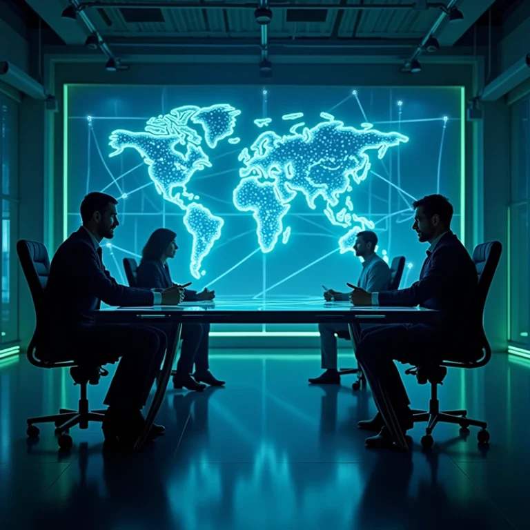 Vier Geschäftsleute sitzen um einen Konferenztisch in einem modernen Büro, hinter ihnen eine leuchtende digitale Weltkarte, und diskutieren über globale Strategien und Themen wie Anmeldung beim Finanzamt nach Gründung.