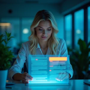 Eine Frau mit blondem Haar sitzt an einem Schreibtisch in einem modernen Büro und liest auf einem leuchtenden, transparenten digitalen Tablet. Der Hintergrund ist schwach beleuchtet, große Fenster und Grünpflanzen sind zu sehen.