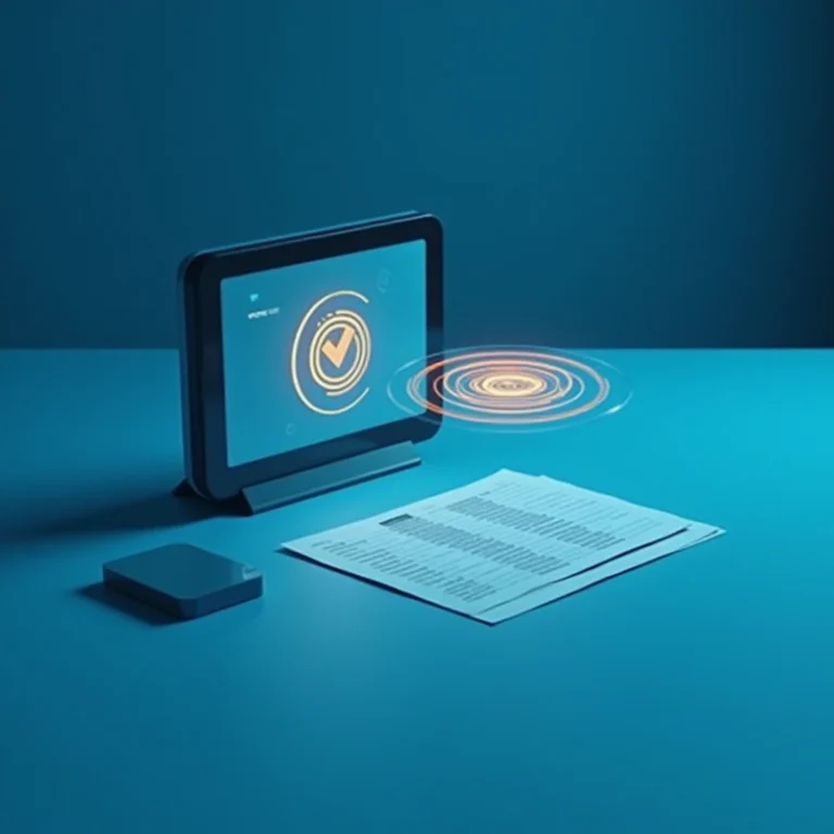 Ein digitales Tablet mit einem Häkchen-Symbol steht auf einem blauen Schreibtisch neben einem Papierdokument und einem kleinen rechteckigen Objekt, von dem holografische Ringe ausgehen - ein modernes, technisches Ambiente, ideal für die Verwaltung von Holding gründen.