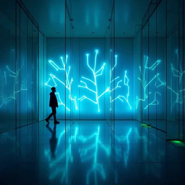 Eine Person geht durch einen gläsernen Gang, der von blauen Neonröhren beleuchtet wird, die abstrakte baumartige Muster an den Wänden bilden - ähnlich wie der strukturierte Weg zu Stammkapital einzahlen für eine GmbH UG, wobei sich jeder Schritt auf dem glänzenden Boden spiegelt.