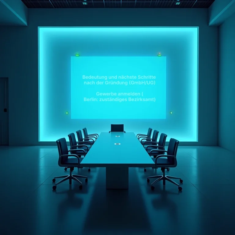 Ein moderner Konferenzraum mit einem langen Tisch und Stühlen, die von blauem Licht beleuchtet werden. An die Wand wird eine Präsentation auf Deutsch über Gewerbeanmeldung Berlin projiziert, in der die einzelnen Schritte nach der Unternehmensgründung erläutert werden.
