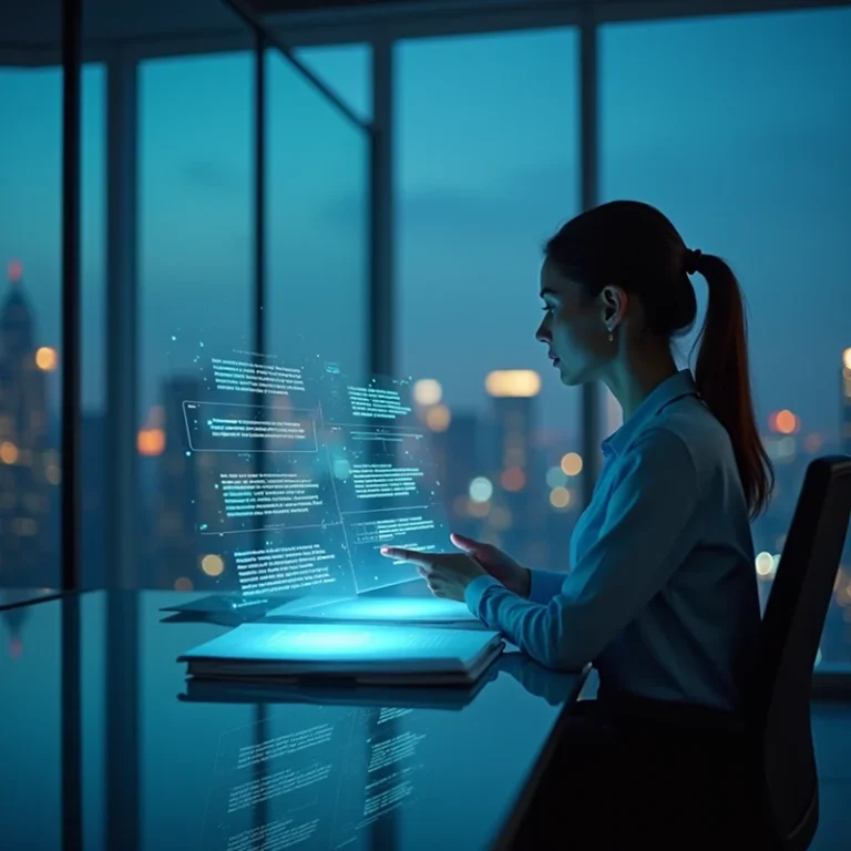 Eine Frau sitzt nachts an einem Schreibtisch in einem modernen Büro und arbeitet an einer leuchtenden, holografischen digitalen Schnittstelle, um eine Satzungsänderung der GmbH zu überprüfen, wobei die Skyline der Stadt durch große Fenster im Hintergrund zu sehen ist.