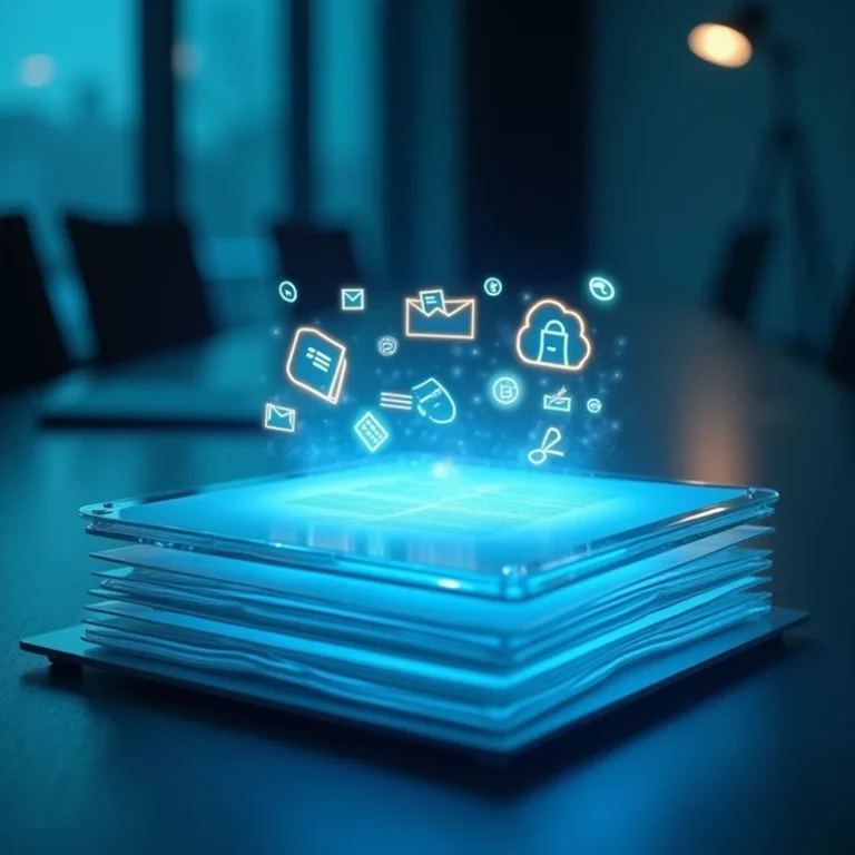 Ein leuchtender Stapel von Dokumenten mit der Aufschrift Satzungsänderung GmbH liegt auf einem Tisch, darüber schweben digitale Symbole wie E-Mail, Cloud und Ordner, die digitale Daten und Cloud-Speicher in einer modernen Büroumgebung symbolisieren.