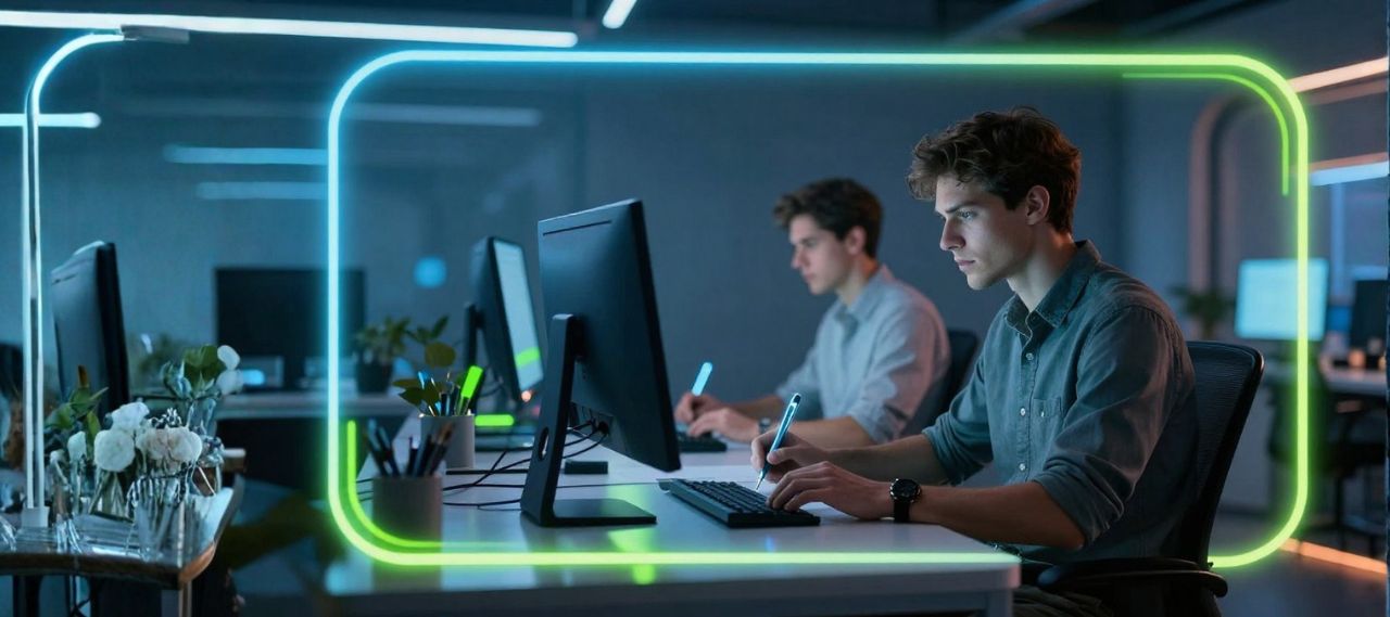 Zwei junge Männer arbeiten an Computern in einem modernen, schwach beleuchteten Büro. Der eine steht im Fokus, tippt und schreibt Notizen über notarielle Beglaubigung, während der andere unscharf im Hintergrund zu sehen ist. Neonlinien umrahmen den fokussierten Arbeiter.