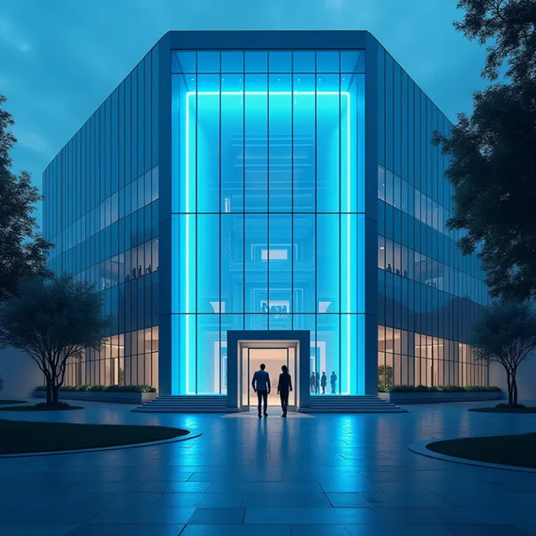 Zwei Personen gehen auf den Eingang eines modernen Glasgebäudes in Berlin zu, das in der Abenddämmerung von blauen Lichtern erhellt wird - vielleicht eine Diskussion über die ablehnungsgründe handelsregister berlin gmbh - und von Bäumen und einem gepflasterten Gehweg umgeben ist.