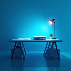 Ein minimalistischer Schreibtisch in einem blauen Raum mit gestapelten Papieren, die das Verfahren der Ablauf Notartermin GmbH beschreiben, einer kleinen Topfpflanze und einer schrägen Schreibtischlampe, die ein ruhiges, geordnetes Licht auf den modernen Arbeitsbereich wirft.