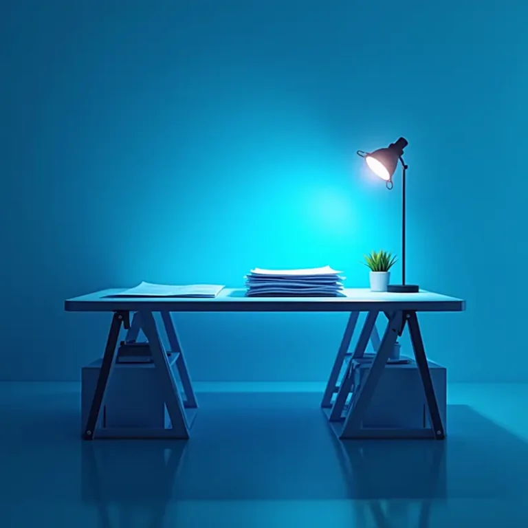 Ein minimalistischer Schreibtisch in einem blauen Raum mit gestapelten Papieren, die das Verfahren der Ablauf Notartermin GmbH beschreiben, einer kleinen Topfpflanze und einer schrägen Schreibtischlampe, die ein ruhiges, geordnetes Licht auf den modernen Arbeitsbereich wirft.