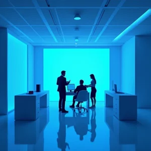 Drei Personen arbeiten in einem modernen, minimalistischen Büro mit hellblauem Licht zusammen und besprechen den Prozess der Ablauf Notartermin GmbH. Einer sitzt, zwei stehen und unterhalten sich vor einer großen, blau beleuchteten Wand und zwei Schreibtischen mit Computern.