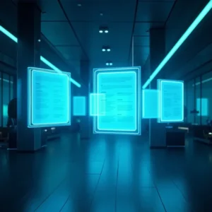 Futuristische Büroräume mit blau leuchtenden holografischen Bildschirmen, auf denen Dokumente wie die eintragungsmitteilung handelsregister gmbh ug angezeigt werden, schweben in der Luft zwischen dunklen, reflektierenden Böden und modernen Glaswänden.