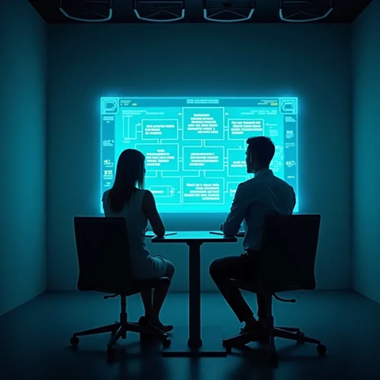 Zwei Personen sitzen an einem Tisch in einem dunklen Raum und blicken auf einen leuchtenden digitalen Bildschirm, auf dem Diagramme und Daten angezeigt werden, die eine konzentrierte Diskussion oder Analyse eines Eintragungsmitteilung-Handelsregisters für eine GmbH oder UG suggerieren.