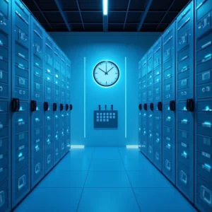 Ein Serverraum mit blauer Beleuchtung, Reihen von Serverschränken auf beiden Seiten, einem digitalen Bedienfeld mit dem Hinweis auf dauer handelsregistereintragung berlin und drei Schaltern an der Rückwand sowie einer großen Uhr, die 3:00 Uhr anzeigt, über dem Bedienfeld.