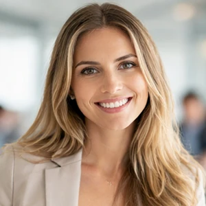 Eine junge Frau mit langen blonden Haaren, die einen beigen Blazer trägt, lächelt in einer hellen, modernen Büroumgebung in die Kamera - vielleicht wartet sie darauf, unternehmensgegenstand zu ändern, während sich im Hintergrund unscharfe Menschen bewegen.