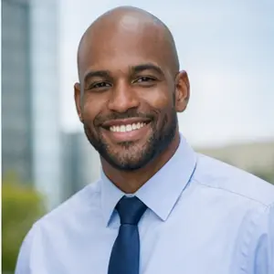 Ein lächelnder Mann mit rasiertem Kopf und gestutztem Bart, möglicherweise ein Notar der Adressänderung GmbH, trägt ein hellblaues Hemd und eine dunkelblaue Krawatte und steht im Freien mit unscharfen Gebäuden und Grünflächen im Hintergrund.