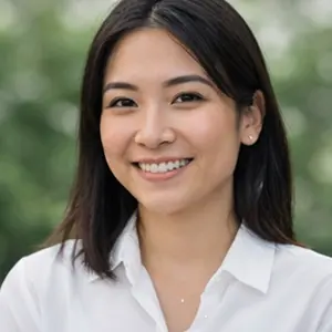 Eine junge Frau mit glattem dunklem Haar und weißem Kragenhemd lächelt in die Kamera. Sie steht im Freien und verkörpert mit dem verschwommenen Grün im Hintergrund den Geist der Gründer-Gründen Berlin.