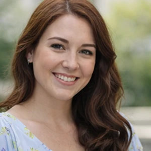 Eine junge Frau mit langen, gewellten braunen Haaren und heller Haut lächelt in die Kamera. Sie trägt ein hellblaues geblümtes Oberteil und kleine Ohrringe vor einem grünen Hintergrund mit weicher Schärfe - möglicherweise wartet sie auf einen Termin zur Umfirmierung beim Notar.