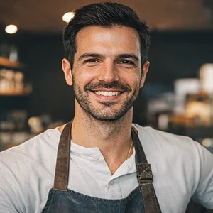 Ein lächelnder Mann mit kurzen dunklen Haaren und gestutztem Bart trägt ein weißes Hemd und eine braune Schürze. Er steht in einem Haus - vielleicht bespricht er Angelegenheiten der Sitzverlegung beim Notar - mit unscharfen Regalen und warmer Beleuchtung im Hintergrund.