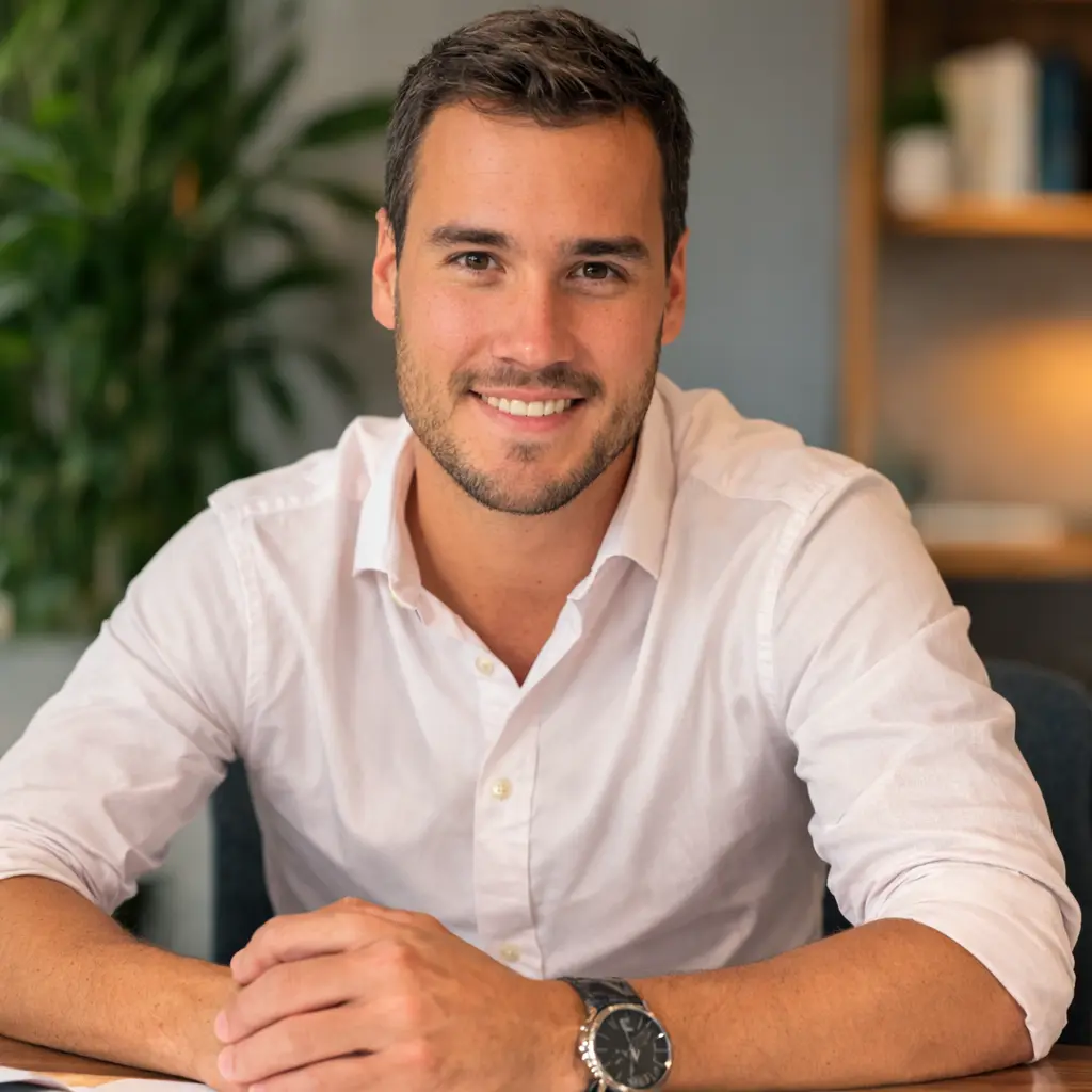 Ein Mann mit kurzen braunen Haaren und Bart, der ein weißes Button-up-Hemd und eine schwarze Uhr trägt, sitzt an einem Schreibtisch und lächelt in die Kamera. Im Hintergrund sind unscharf eine Pflanze und Regale zu sehen, die den Arbeitsbereich eines Immobilien Notars Berlin andeuten.