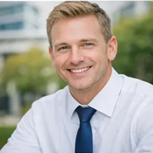 Ein lächelnder Mann mit kurzen blonden Haaren, weißem Hemd und blauer Krawatte sitzt im Freien, mit unscharfen Bäumen und Gebäuden im Hintergrund, und wartet möglicherweise auf einen Termin bei der GmbH Verkauf Notar.