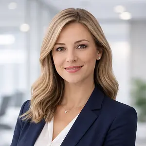 Eine Frau mit blondem Haar, die einen marineblauen Blazer und ein weißes Oberteil trägt, lächelt selbstbewusst in einer hellen, modernen Büroumgebung - bereit, UG gründen zu gründen und ihre unternehmerische Reise zu beginnen.