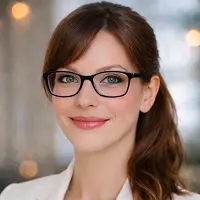 Eine Frau mit langen braunen Haaren, die zurückgebunden ist, trägt eine Brille und einen weißen Blazer und lächelt sanft. Der sanft verschwommene Hintergrund mit warmer Beleuchtung suggeriert eine professionelle Umgebung, wie z. B. ein Grundschuld Notariat in Berlin.