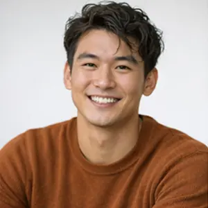 Ein junger Mann mit kurzen, gewellten dunklen Haaren, der einen rostfarbenen Pullover trägt, lächelt vor einem schlichten hellen Hintergrund freundlich in die Kamera und verkörpert die Professionalität, die man bei einem Geschäftsführerwechsel beim Notar in Berlin erwartet.